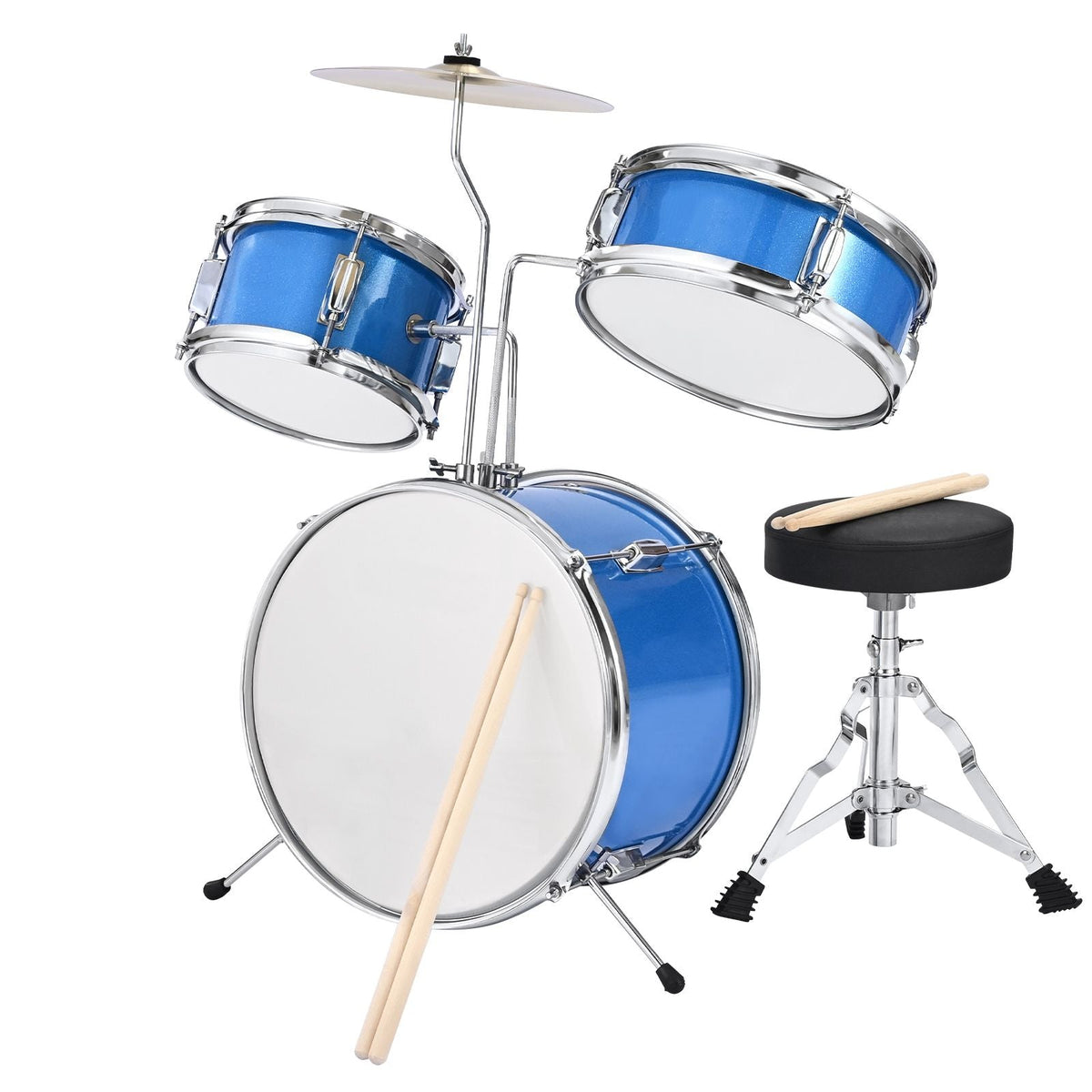 Kids Drum Set, 3-Piece 14 in Junior Drum Sets, Beginner Drums Set with Adjustable Throne, Cymbal & Two Pairs of Drumsticks, Musical Learning Drums Instruments Kit, for Children Ages 6-13 (Blue)