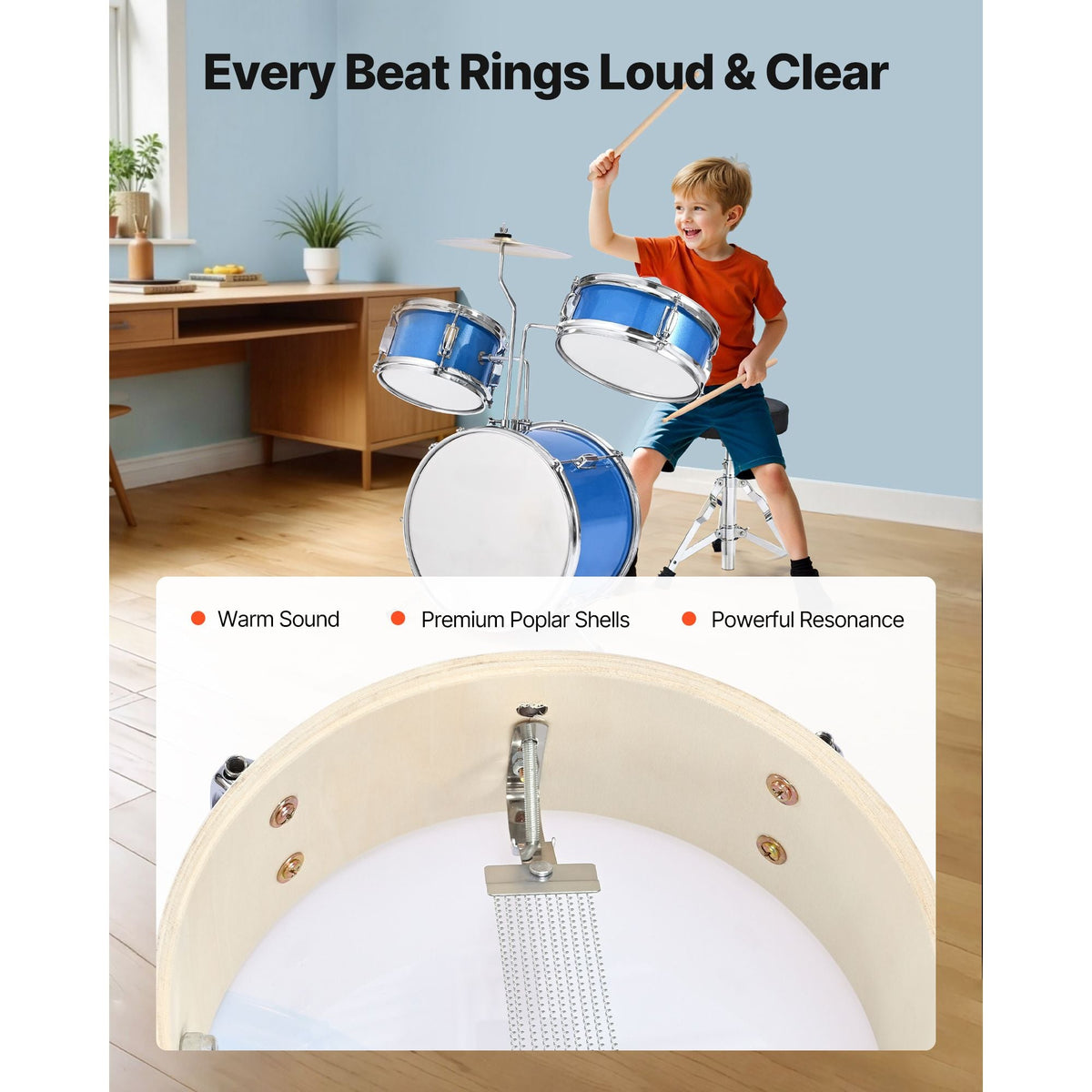 Kids Drum Set, 3-Piece 14 in Junior Drum Sets, Beginner Drums Set with Adjustable Throne, Cymbal & Two Pairs of Drumsticks, Musical Learning Drums Instruments Kit, for Children Ages 6-13 (Blue)