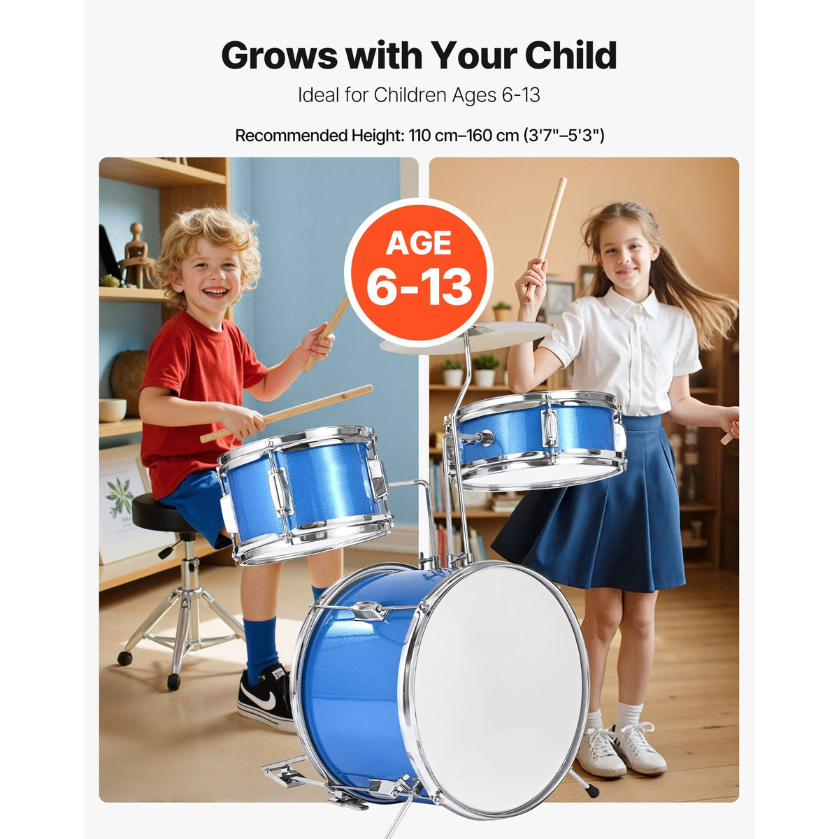 Kids Drum Set, 3-Piece 14 in Junior Drum Sets, Beginner Drums Set with Adjustable Throne, Cymbal & Two Pairs of Drumsticks, Musical Learning Drums Instruments Kit, for Children Ages 6-13 (Blue)