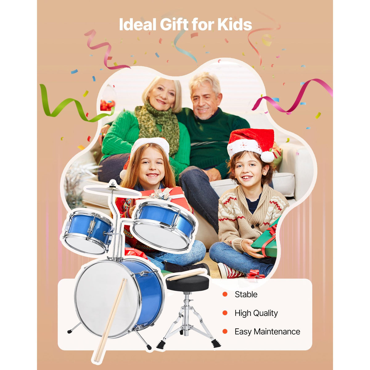 Kids Drum Set, 3-Piece 14 in Junior Drum Sets, Beginner Drums Set with Adjustable Throne, Cymbal & Two Pairs of Drumsticks, Musical Learning Drums Instruments Kit, for Children Ages 6-13 (Blue)
