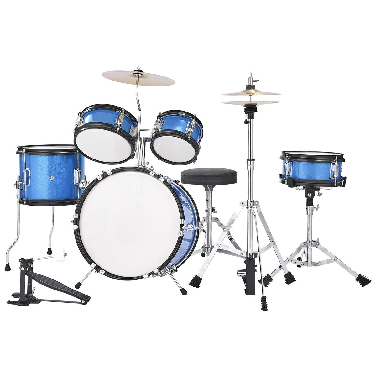 Kids Drum Set, 5-Piece 14 in Junior Drum Sets, Beginner Drums Set with Adjustable Throne, Cymbal & Two Pairs of Drumsticks, Musical Learning Drums Instruments Kit, for Children Ages 6-13 (Blue)