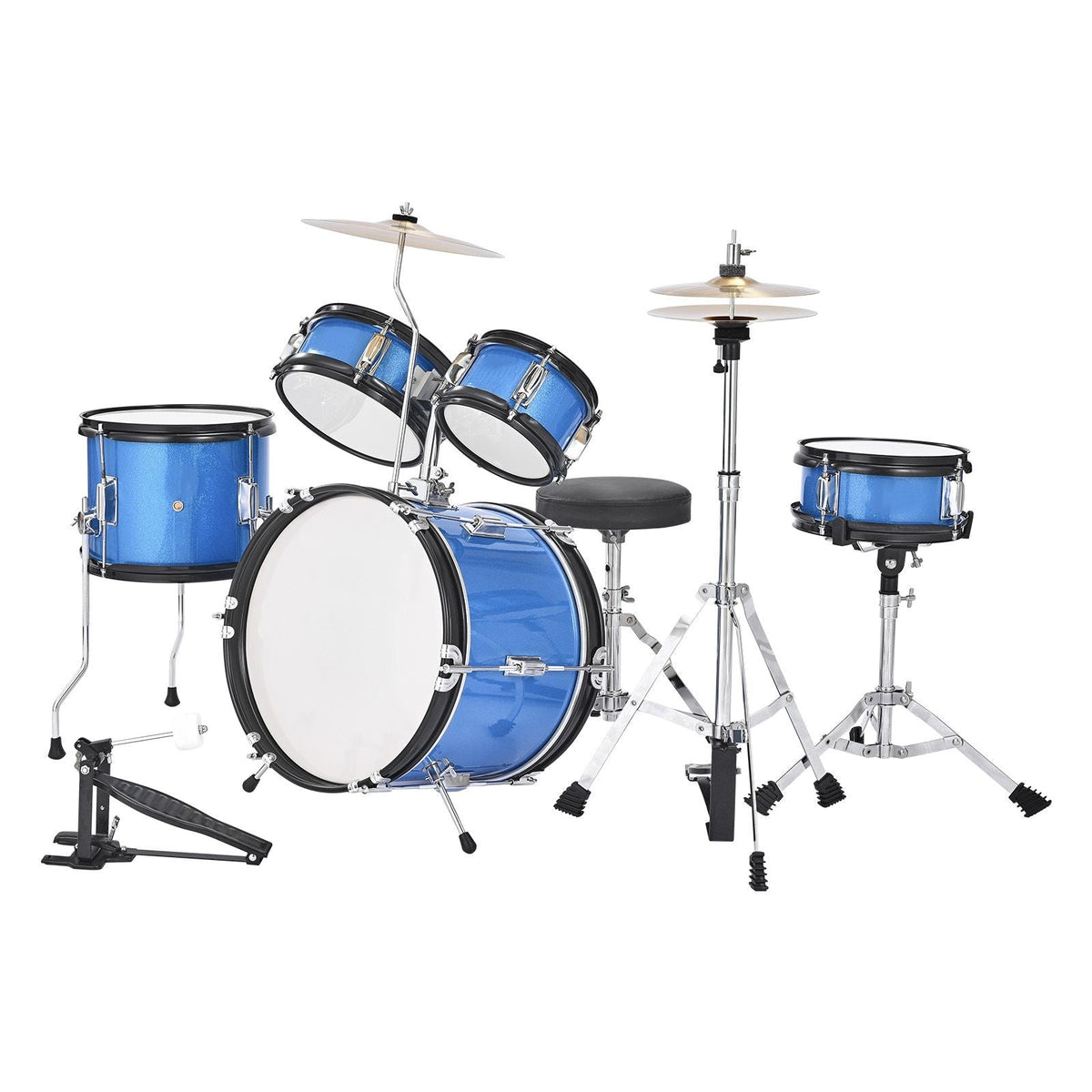 Kids Drum Set, 5-Piece 14 in Junior Drum Sets, Beginner Drums Set with Adjustable Throne, Cymbal & Two Pairs of Drumsticks, Musical Learning Drums Instruments Kit, for Children Ages 6-13 (Blue)