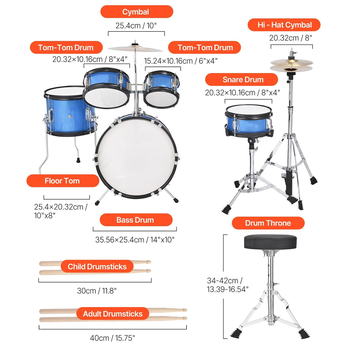 Kids Drum Set, 5-Piece 14 in Junior Drum Sets, Beginner Drums Set with Adjustable Throne, Cymbal & Two Pairs of Drumsticks, Musical Learning Drums Instruments Kit, for Children Ages 6-13 (Blue)