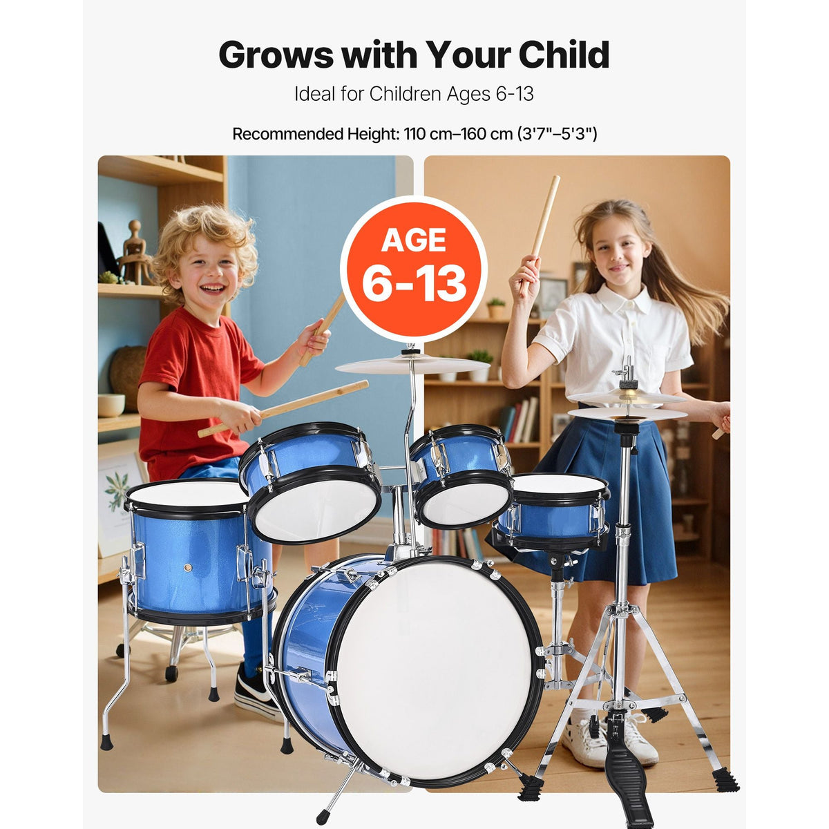 Kids Drum Set, 5-Piece 14 in Junior Drum Sets, Beginner Drums Set with Adjustable Throne, Cymbal & Two Pairs of Drumsticks, Musical Learning Drums Instruments Kit, for Children Ages 6-13 (Blue)