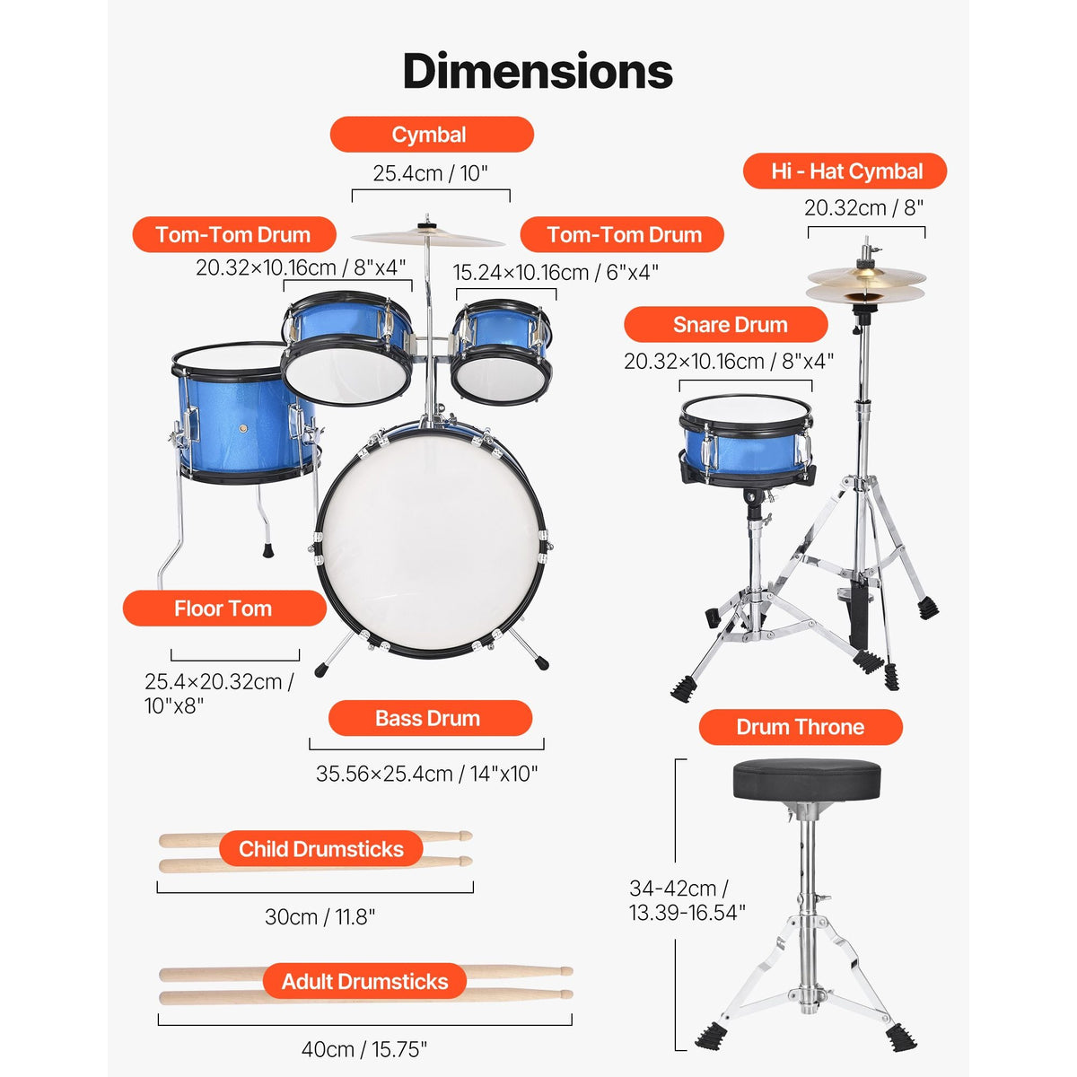 Kids Drum Set, 5-Piece 14 in Junior Drum Sets, Beginner Drums Set with Adjustable Throne, Cymbal & Two Pairs of Drumsticks, Musical Learning Drums Instruments Kit, for Children Ages 6-13 (Blue)