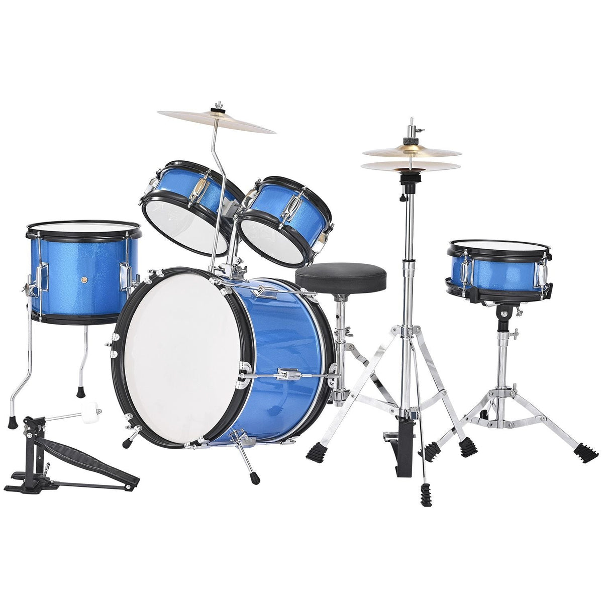 Kids Drum Set, 5-Piece 14 in Junior Drum Sets, Beginner Drums Set with Adjustable Throne, Cymbal & Two Pairs of Drumsticks, Musical Learning Drums Instruments Kit, for Children Ages 6-13 (Blue)