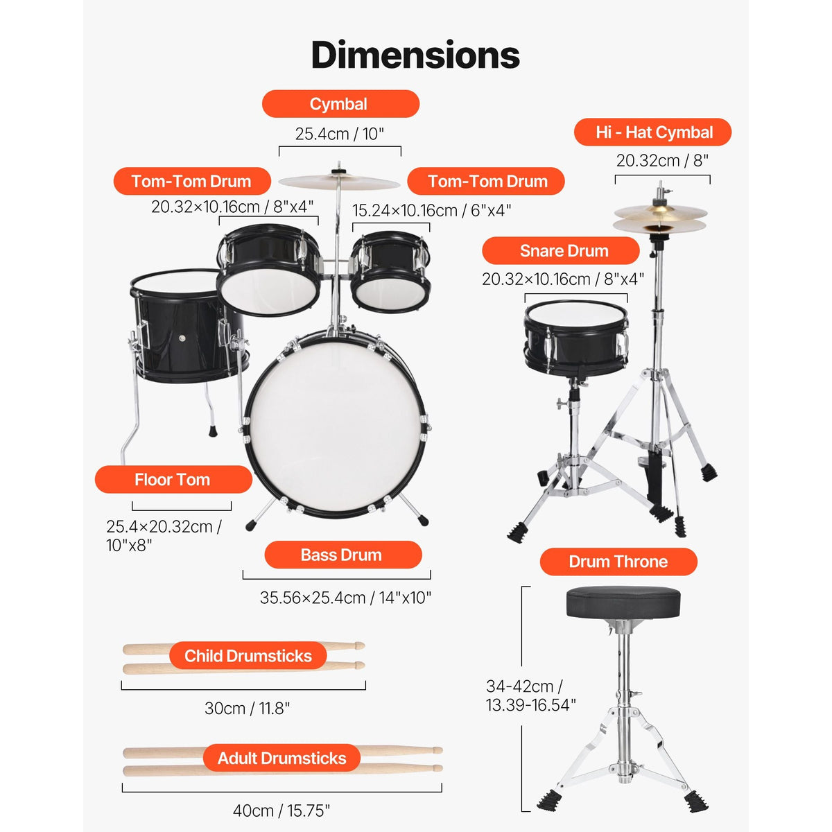 Kids Drum Set, 5-Piece 14 in Junior Drum Sets, Beginner Drums Set with Adjustable Throne, Cymbal & Two Pairs of Drumsticks, Musical Learning Drums Instruments Kit, for Children Ages 6-13(Black)