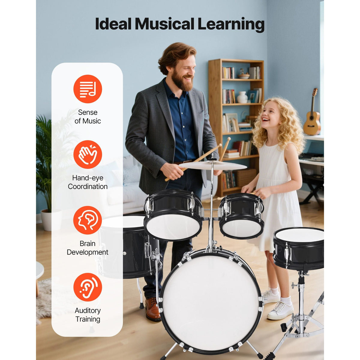 Kids Drum Set, 5-Piece 14 in Junior Drum Sets, Beginner Drums Set with Adjustable Throne, Cymbal & Two Pairs of Drumsticks, Musical Learning Drums Instruments Kit, for Children Ages 6-13(Black)