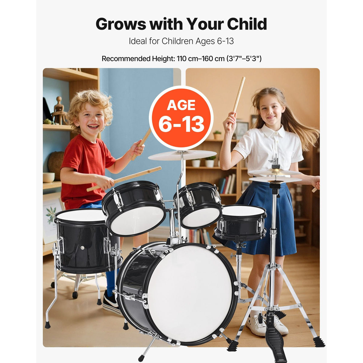 Kids Drum Set, 5-Piece 14 in Junior Drum Sets, Beginner Drums Set with Adjustable Throne, Cymbal & Two Pairs of Drumsticks, Musical Learning Drums Instruments Kit, for Children Ages 6-13(Black)