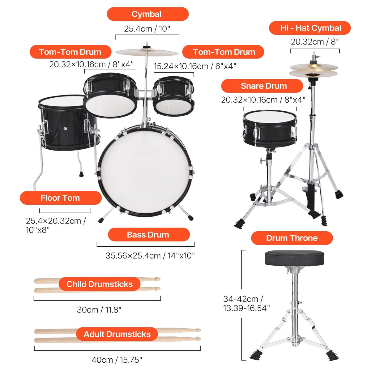 Kids Drum Set, 5-Piece 14 in Junior Drum Sets, Beginner Drums Set with Adjustable Throne, Cymbal & Two Pairs of Drumsticks, Musical Learning Drums Instruments Kit, for Children Ages 6-13(Black)