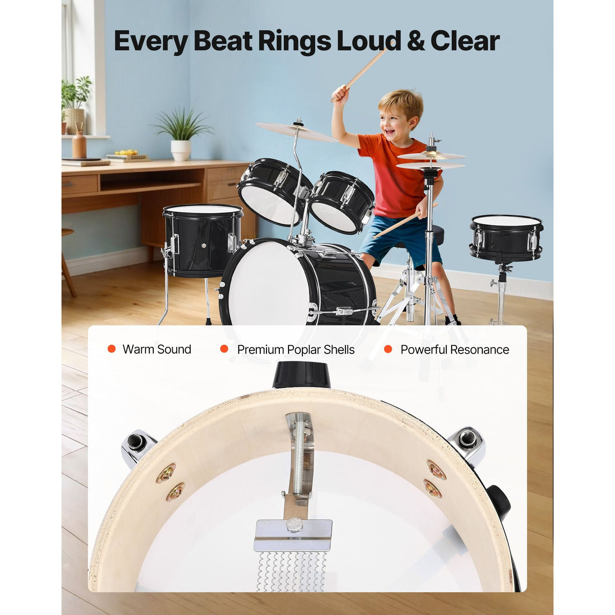 Kids Drum Set, 5-Piece 14 in Junior Drum Sets, Beginner Drums Set with Adjustable Throne, Cymbal & Two Pairs of Drumsticks, Musical Learning Drums Instruments Kit, for Children Ages 6-13(Black)