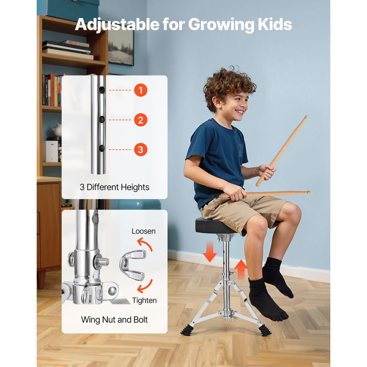 Kids Drum Set, 5-Piece 14 in Junior Drum Sets, Beginner Drums Set with Adjustable Throne, Cymbal & Two Pairs of Drumsticks, Musical Learning Drums Instruments Kit, for Children Ages 6-13(Black)