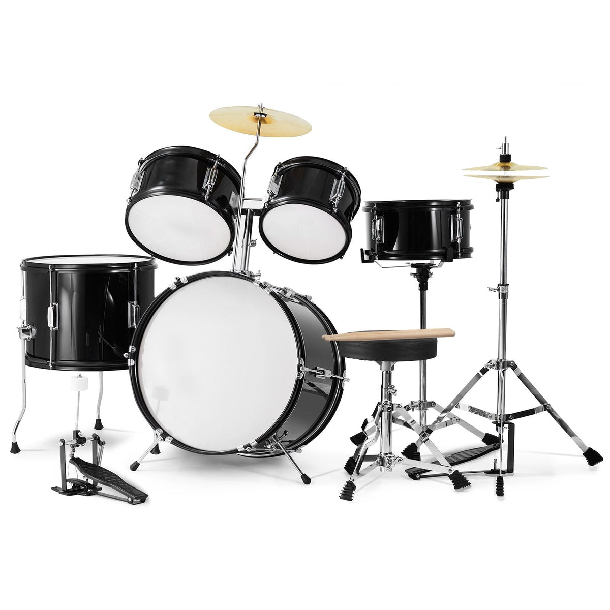 Kids Drum Set, 5-Piece, 16 in Beginner Full Drum Set with Bass Toms Snare Floor Drum Adjustable Throne Cymbal Hi-Hat Pedal and Two Pairs of Drumsticks, Starter Drum Kit for Child Kids, Black