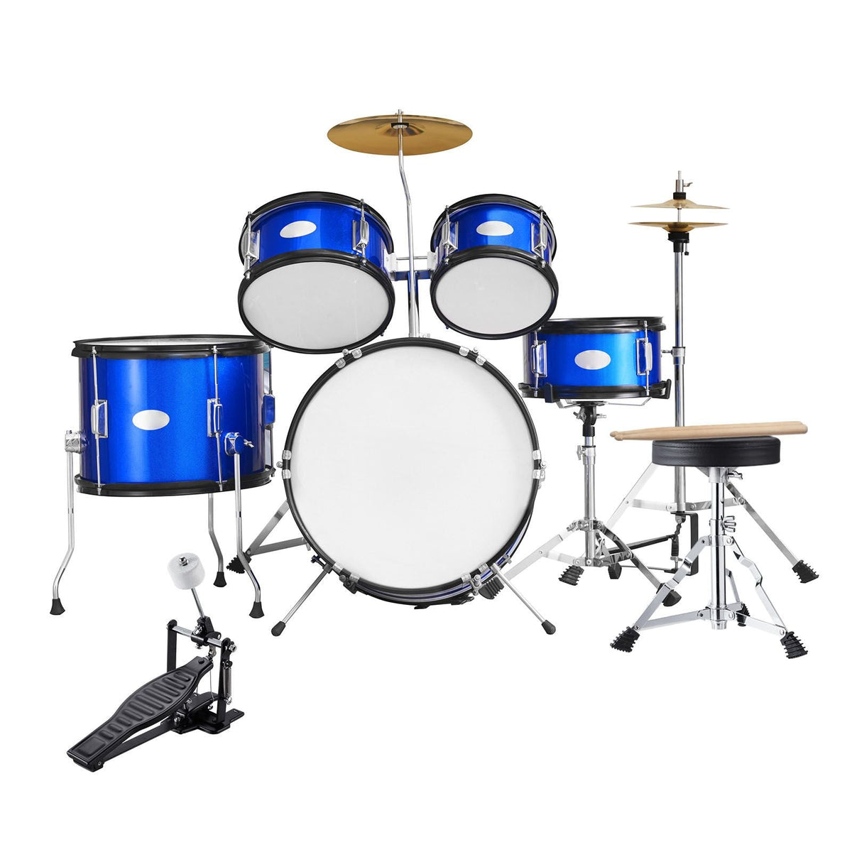 Kids Drum Set, 5-Piece, 16 in Beginner Full Drum Set with Bass Toms Snare Floor Drum Adjustable Throne Cymbal Hi-Hat Pedal and Two Pairs of Drumsticks, Starter Drum Kit for Child Kids, Blue