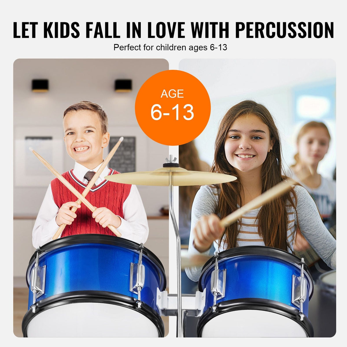 Kids Drum Set, 5-Piece, 16 in Beginner Full Drum Set with Bass Toms Snare Floor Drum Adjustable Throne Cymbal Hi-Hat Pedal and Two Pairs of Drumsticks, Starter Drum Kit for Child Kids, Blue