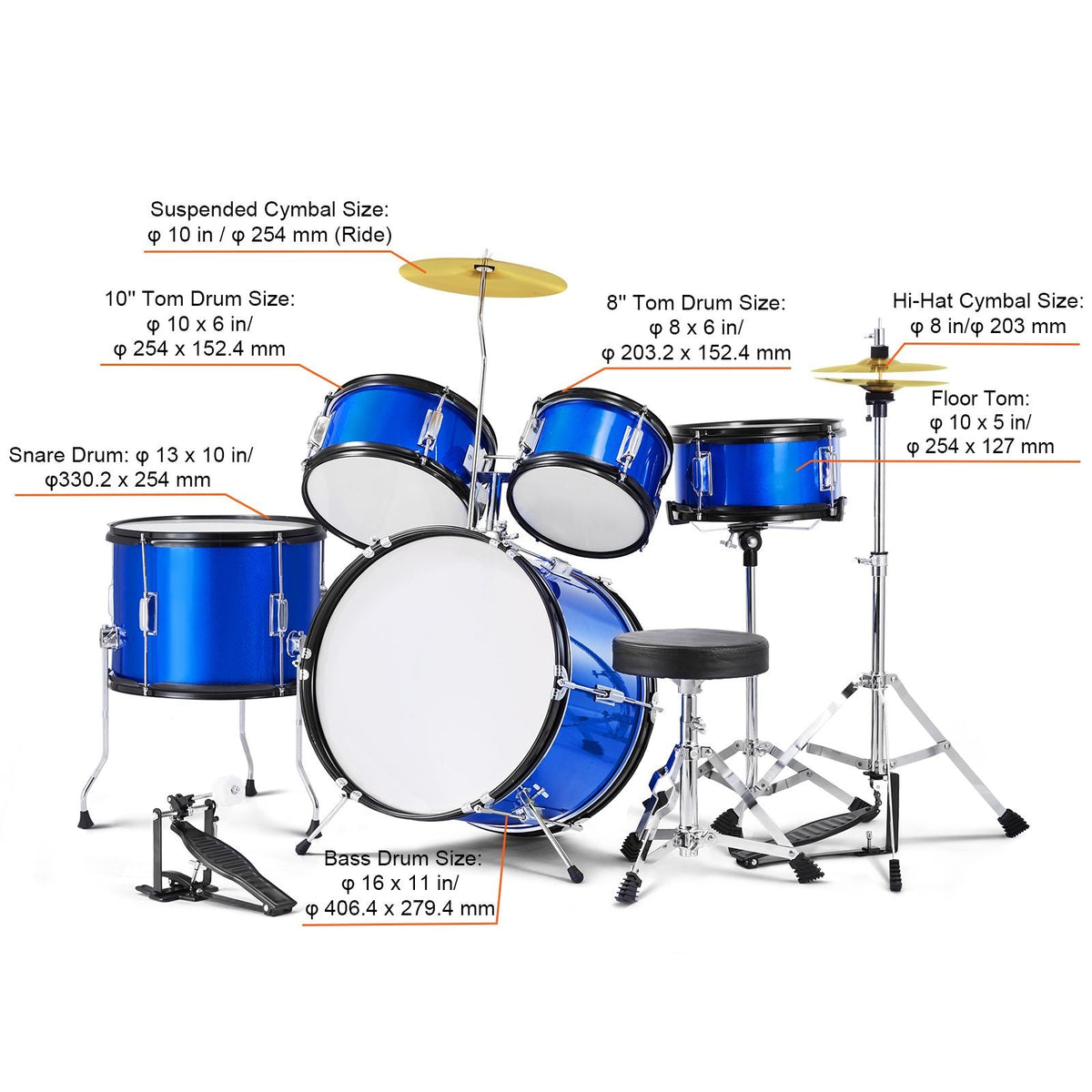 Kids Drum Set, 5-Piece, 16 in Beginner Full Drum Set with Bass Toms Snare Floor Drum Adjustable Throne Cymbal Hi-Hat Pedal and Two Pairs of Drumsticks, Starter Drum Kit for Child Kids, Blue