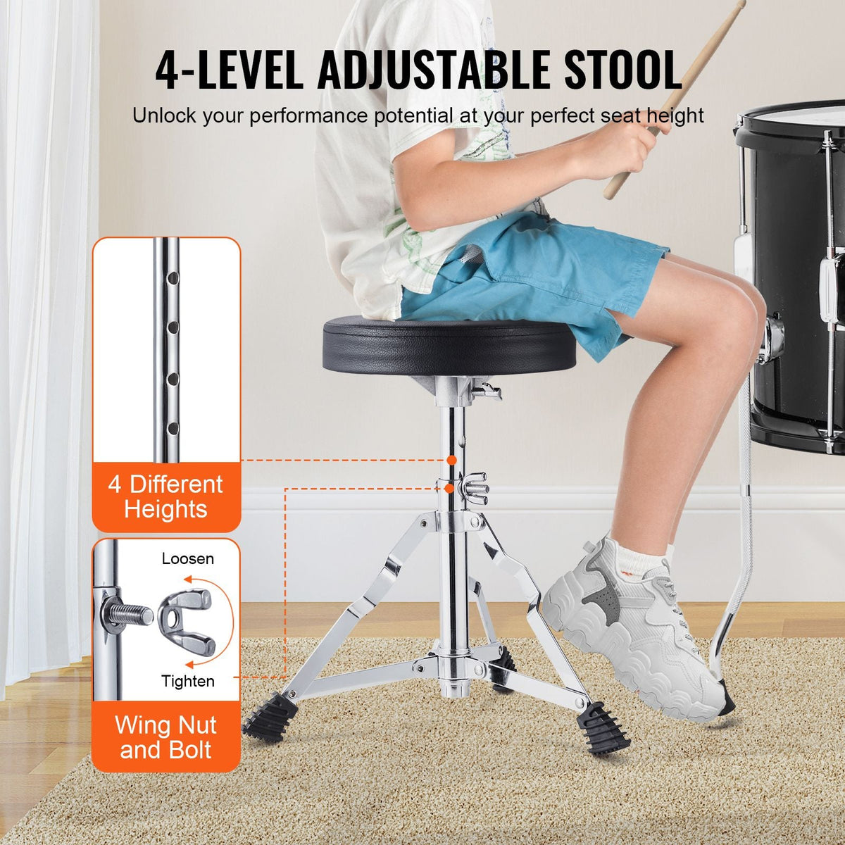 Kids Drum Set, 5-Piece, 16 in Beginner Full Drum Set with Bass Toms Snare Floor Drum Adjustable Throne Cymbal Hi-Hat Pedal and Two Pairs of Drumsticks, Starter Drum Kit for Child Kids, Black