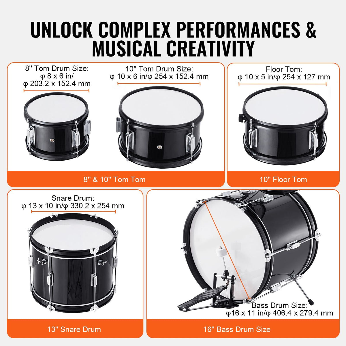 Kids Drum Set, 5-Piece, 16 in Beginner Full Drum Set with Bass Toms Snare Floor Drum Adjustable Throne Cymbal Hi-Hat Pedal and Two Pairs of Drumsticks, Starter Drum Kit for Child Kids, Black