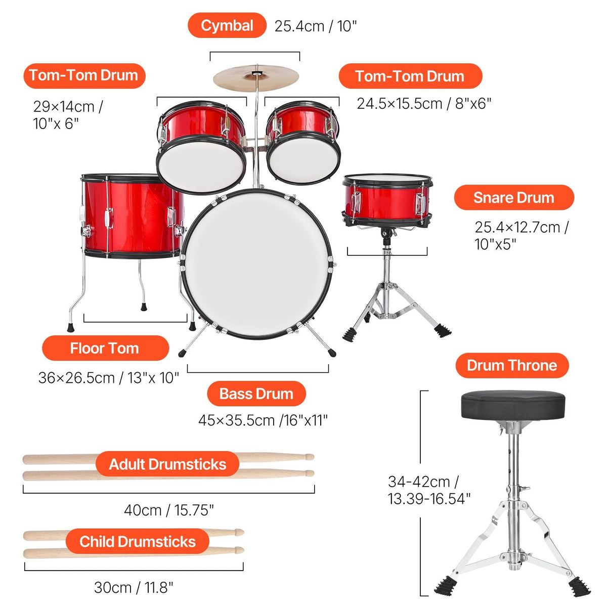 Kids Drum Set, 5-Piece 16 in Junior Drum Sets, Beginner Drums Set with Adjustable Throne, Cymbal & Two Pairs of Drumsticks, Musical Learning Drums Instruments Kit, for Children Ages 6-13 (Red)