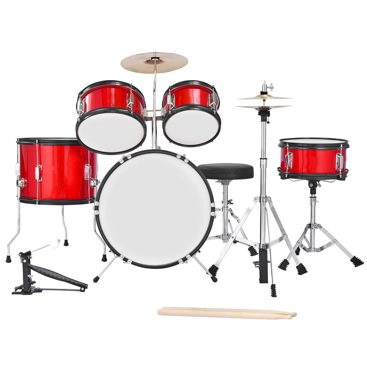 Kids Drum Set, 5-Piece 16 in Junior Drum Sets, Beginner Drums Set with Adjustable Throne, Cymbal & Two Pairs of Drumsticks, Musical Learning Drums Instruments Kit, for Children Ages 6-13 (Red)