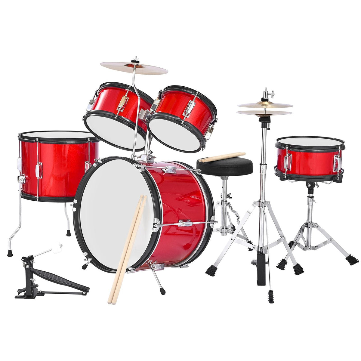 Kids Drum Set, 5-Piece 16 in Junior Drum Sets, Beginner Drums Set with Adjustable Throne, Cymbal & Two Pairs of Drumsticks, Musical Learning Drums Instruments Kit, for Children Ages 6-13 (Red)