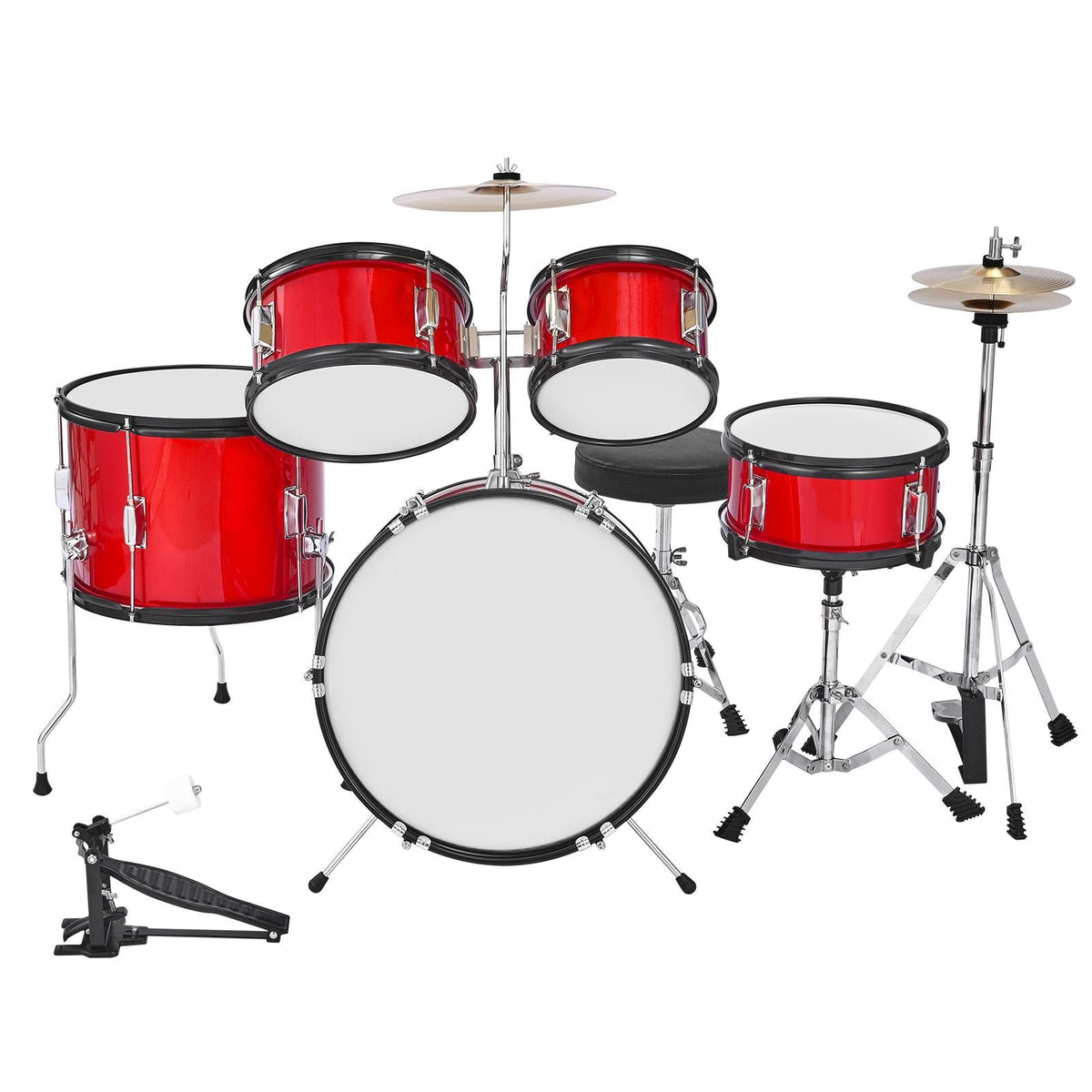 Kids Drum Set, 5-Piece 16 in Junior Drum Sets, Beginner Drums Set with Adjustable Throne, Cymbal & Two Pairs of Drumsticks, Musical Learning Drums Instruments Kit, for Children Ages 6-13 (Red)
