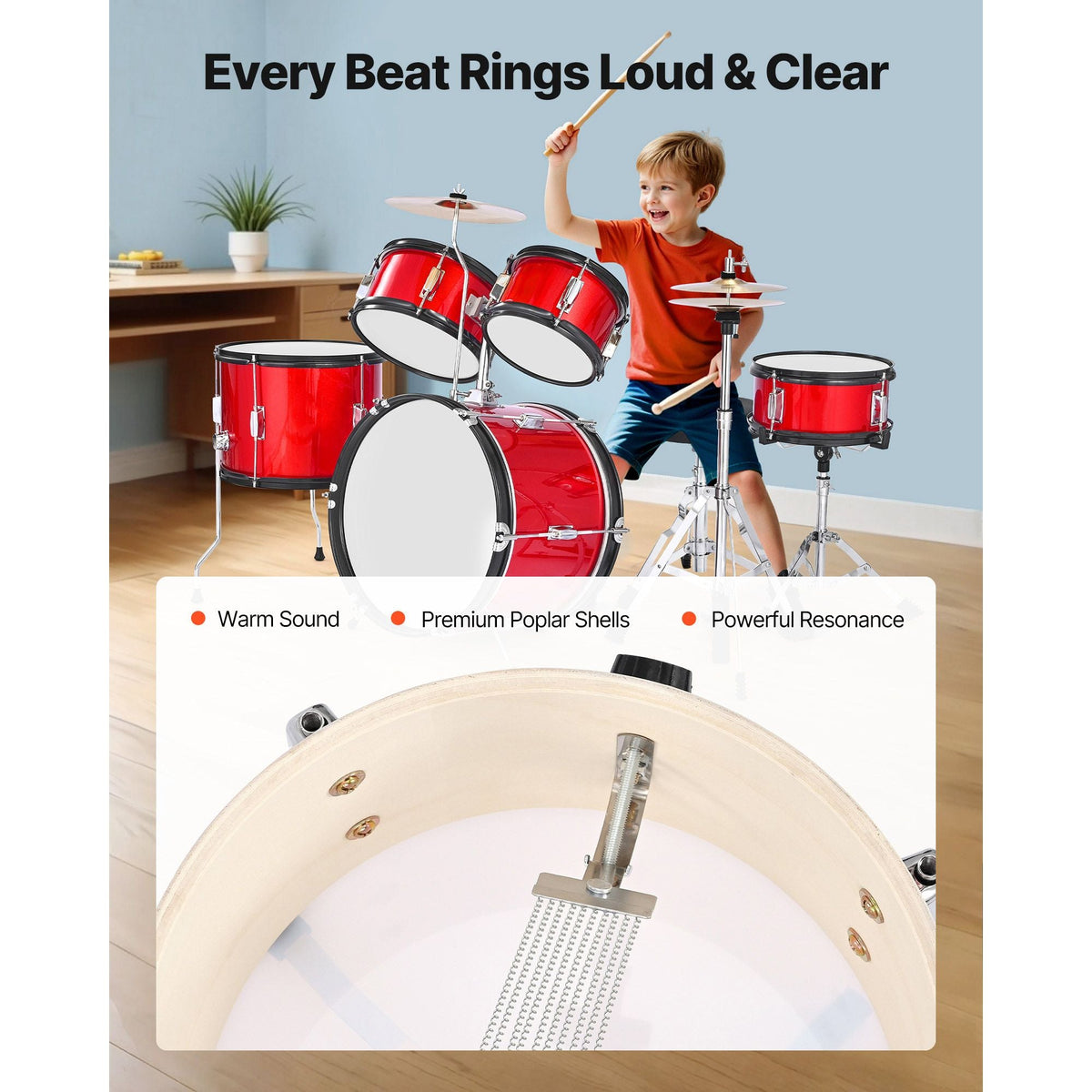 Kids Drum Set, 5-Piece 16 in Junior Drum Sets, Beginner Drums Set with Adjustable Throne, Cymbal & Two Pairs of Drumsticks, Musical Learning Drums Instruments Kit, for Children Ages 6-13 (Red)