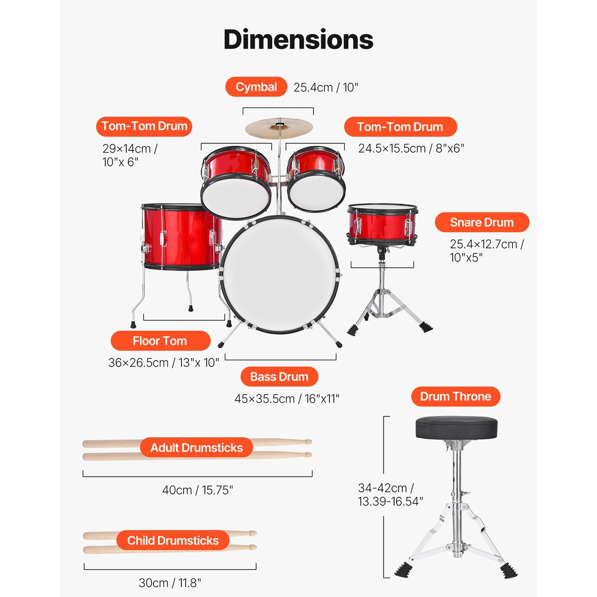 Kids Drum Set, 5-Piece 16 in Junior Drum Sets, Beginner Drums Set with Adjustable Throne, Cymbal & Two Pairs of Drumsticks, Musical Learning Drums Instruments Kit, for Children Ages 6-13 (Red)