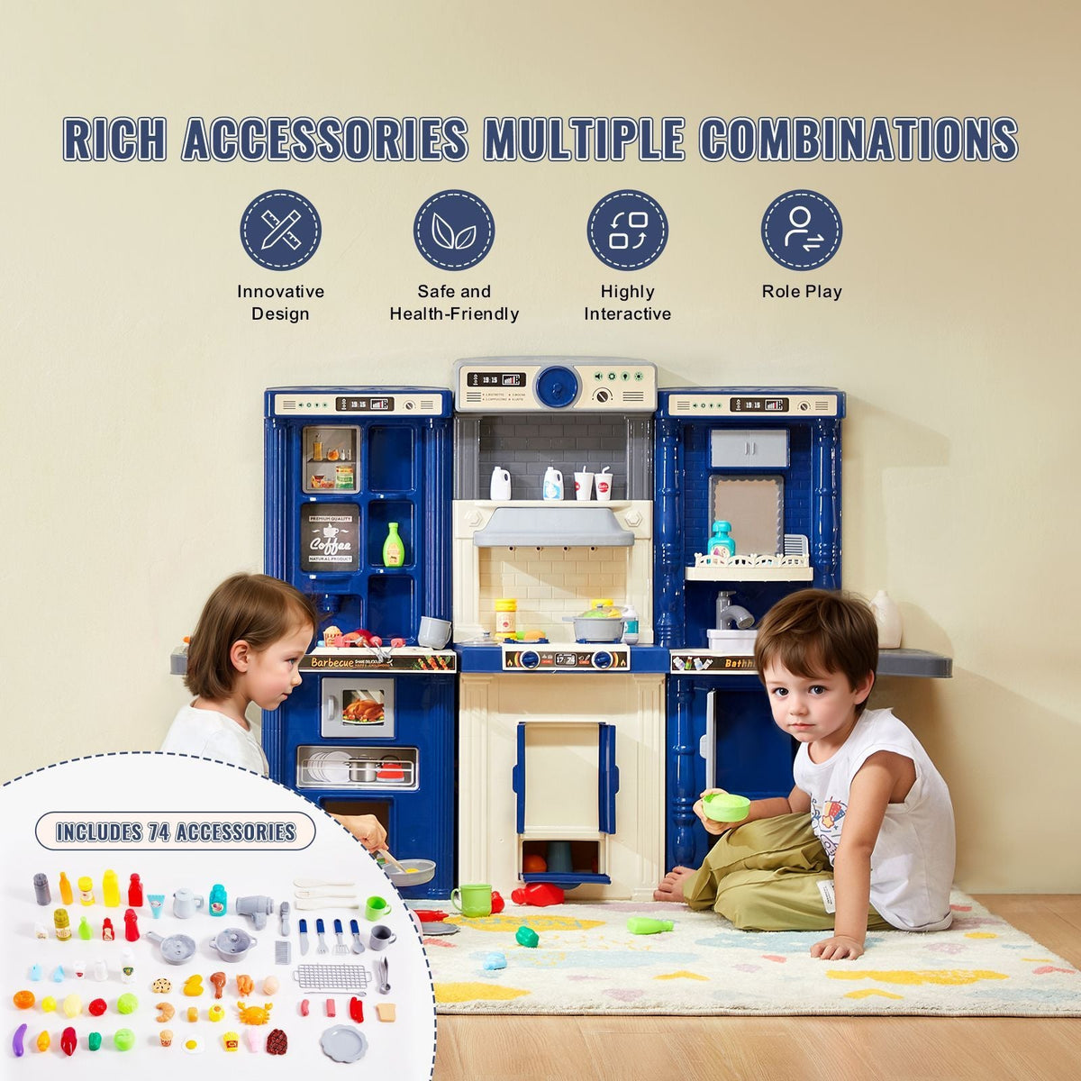 Kids Kitchen Playset, 3-in-1 Toddler Kitchen with Simulated Spray, Sounds and Lights, Play Kitchen Set with 74 PCS Cooking Accessory Set for Toddlers, Preschoolers, Children Ages 3-8, Blue