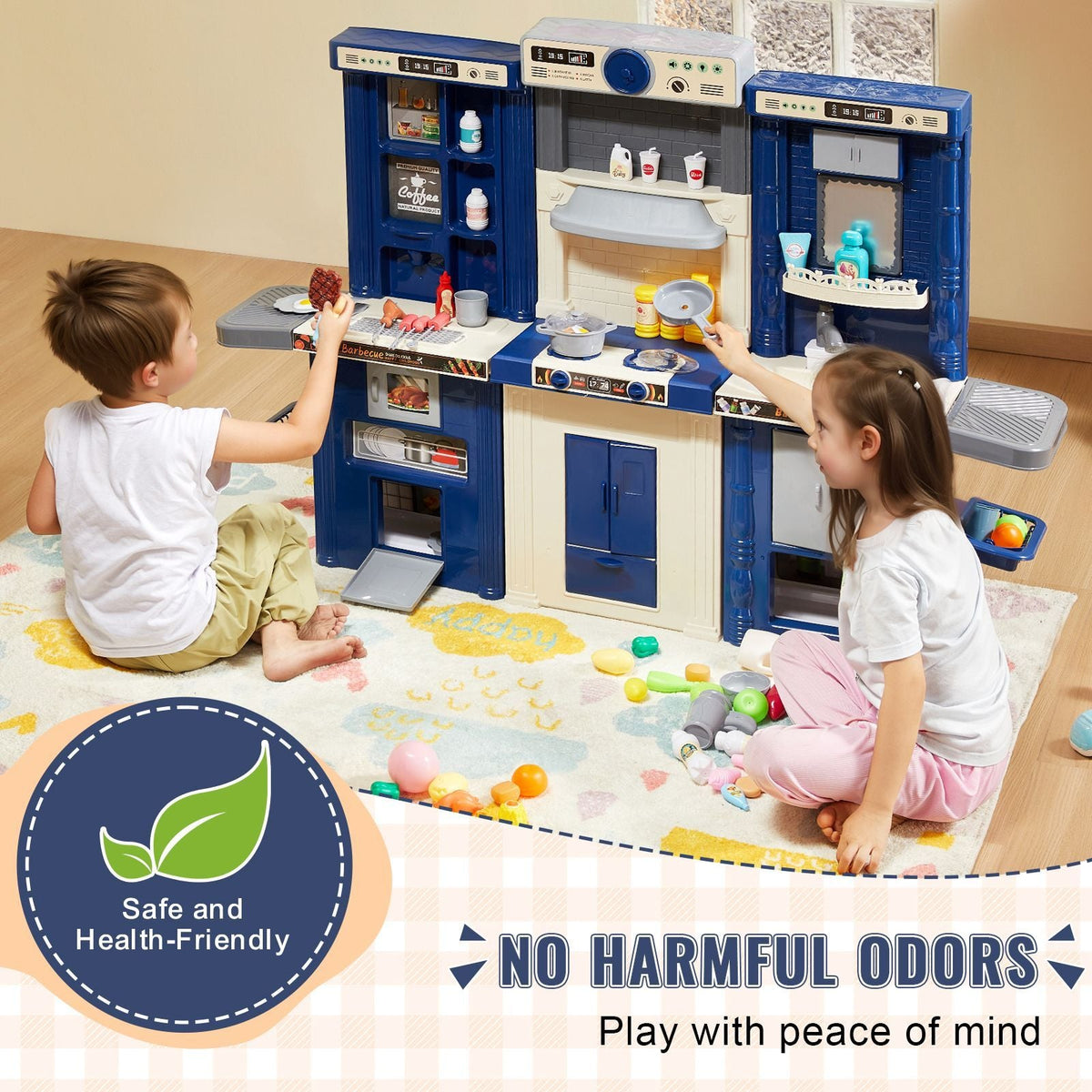 Kids Kitchen Playset, 3-in-1 Toddler Kitchen with Simulated Spray, Sounds and Lights, Play Kitchen Set with 74 PCS Cooking Accessory Set for Toddlers, Preschoolers, Children Ages 3-8, Blue