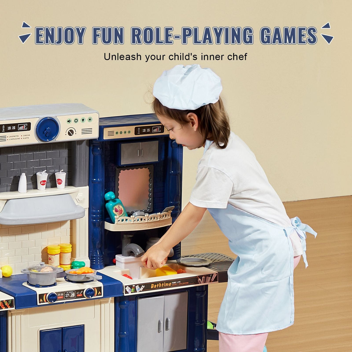 Kids Kitchen Playset, 3-in-1 Toddler Kitchen with Simulated Spray, Sounds and Lights, Play Kitchen Set with 74 PCS Cooking Accessory Set for Toddlers, Preschoolers, Children Ages 3-8, Blue