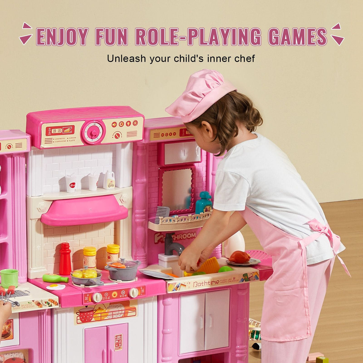 Kids Kitchen Playset, 3-in-1 Toddler Kitchen with Simulated Spray, Sounds and Lights, Play Kitchen Set with 74 PCS Cooking Accessory Set for Toddlers, Preschoolers, Children Ages 3-8, Pink