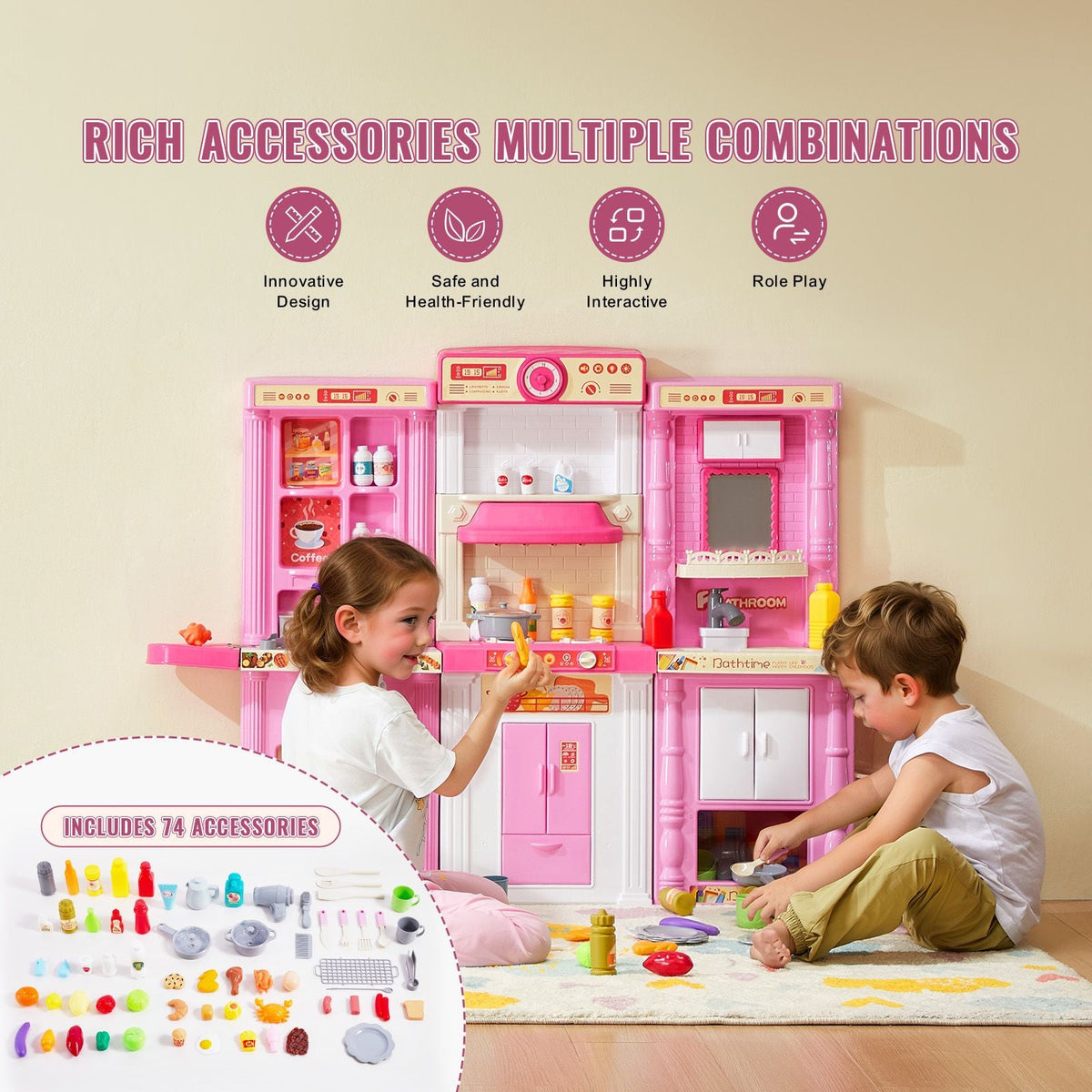 Kids Kitchen Playset, 3-in-1 Toddler Kitchen with Simulated Spray, Sounds and Lights, Play Kitchen Set with 74 PCS Cooking Accessory Set for Toddlers, Preschoolers, Children Ages 3-8, Pink