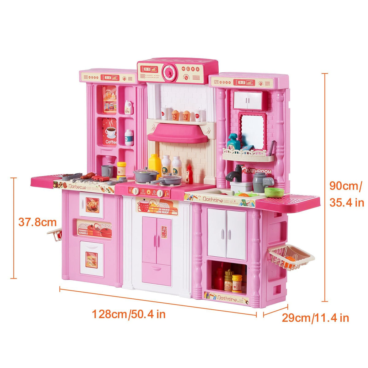Kids Kitchen Playset, 3-in-1 Toddler Kitchen with Simulated Spray, Sounds and Lights, Play Kitchen Set with 74 PCS Cooking Accessory Set for Toddlers, Preschoolers, Children Ages 3-8, Pink