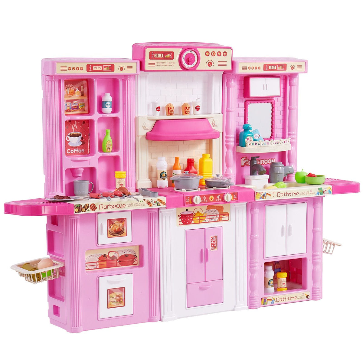 Kids Kitchen Playset, 3-in-1 Toddler Kitchen with Simulated Spray, Sounds and Lights, Play Kitchen Set with 74 PCS Cooking Accessory Set for Toddlers, Preschoolers, Children Ages 3-8, Pink