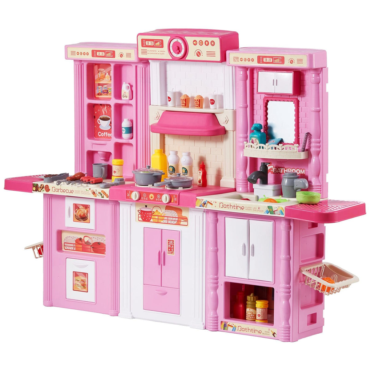 Kids Kitchen Playset, 3-in-1 Toddler Kitchen with Simulated Spray, Sounds and Lights, Play Kitchen Set with 74 PCS Cooking Accessory Set for Toddlers, Preschoolers, Children Ages 3-8, Pink