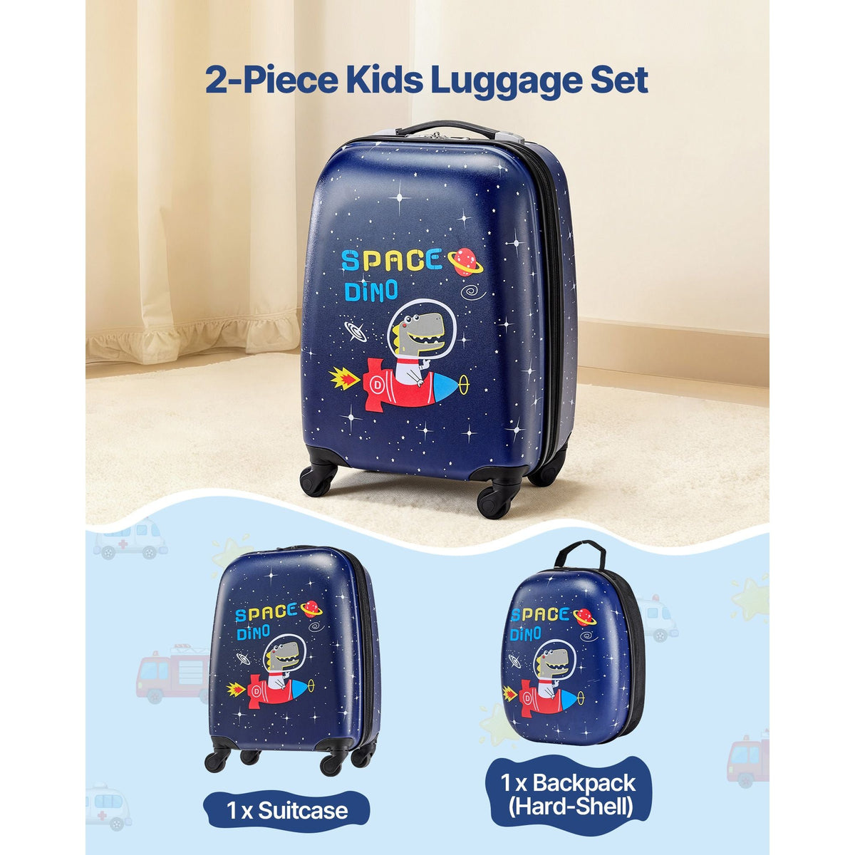 Kids Luggage Set, 2 Piece, 18 Inch Hardside Rolling Wheels Suitcase with Hard-Shell Backpack, Dinosaur Kids Carry on Luggage Set, Holiday Birthday Gift for Girls & Boys, Airline Approved