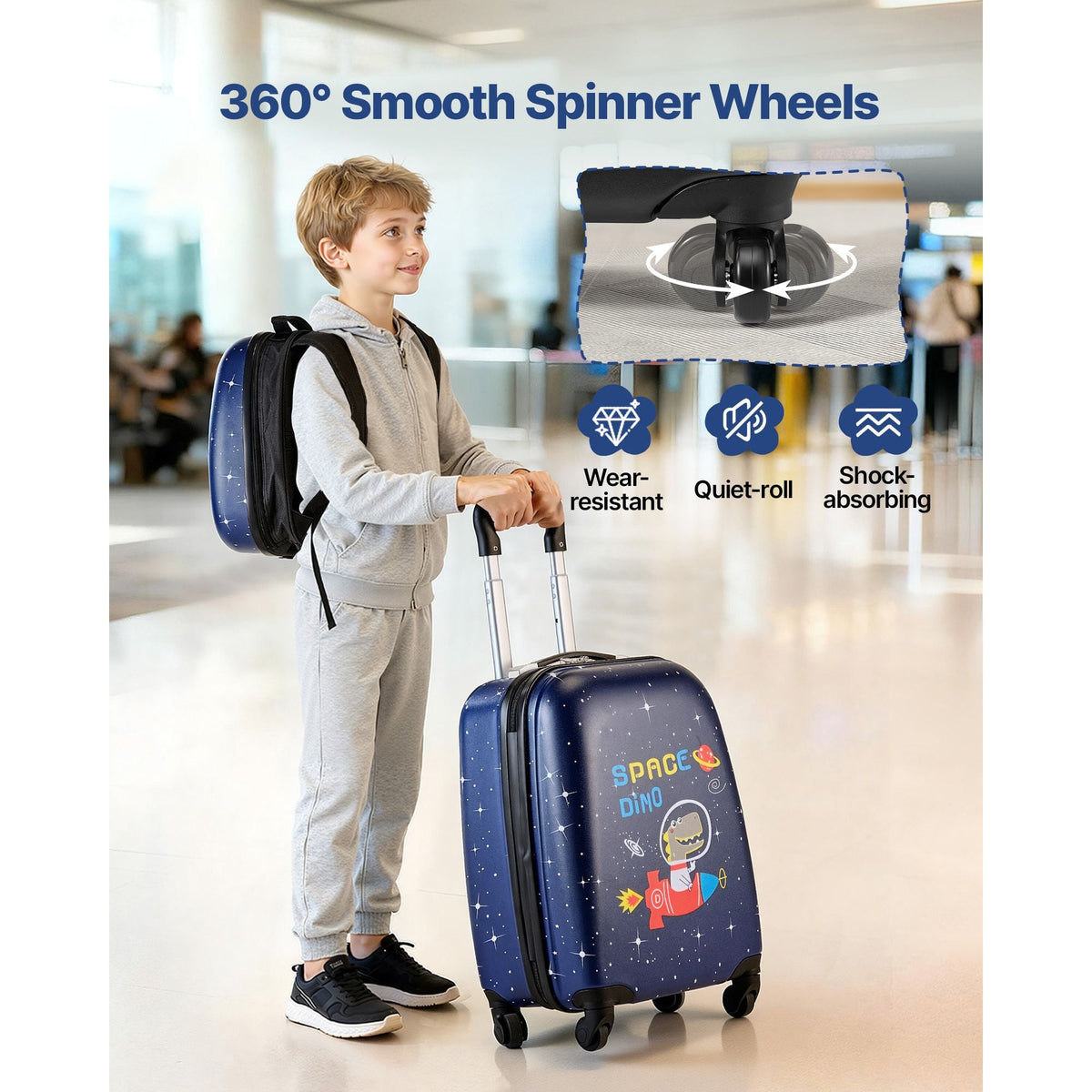Kids Luggage Set, 2 Piece, 18 Inch Hardside Rolling Wheels Suitcase with Hard-Shell Backpack, Dinosaur Kids Carry on Luggage Set, Holiday Birthday Gift for Girls & Boys, Airline Approved