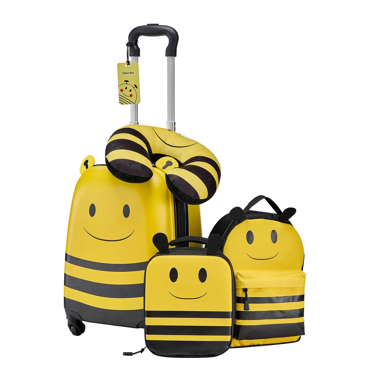 Kids Luggage Set, 5 Piece, 18 Inch Hardside Rolling Wheels Suitcase with Backpack & U-shape Pillow, Bee Kids Carry on Luggage Set, Holiday Birthday Gift for Girls Boys, Airline Approved
