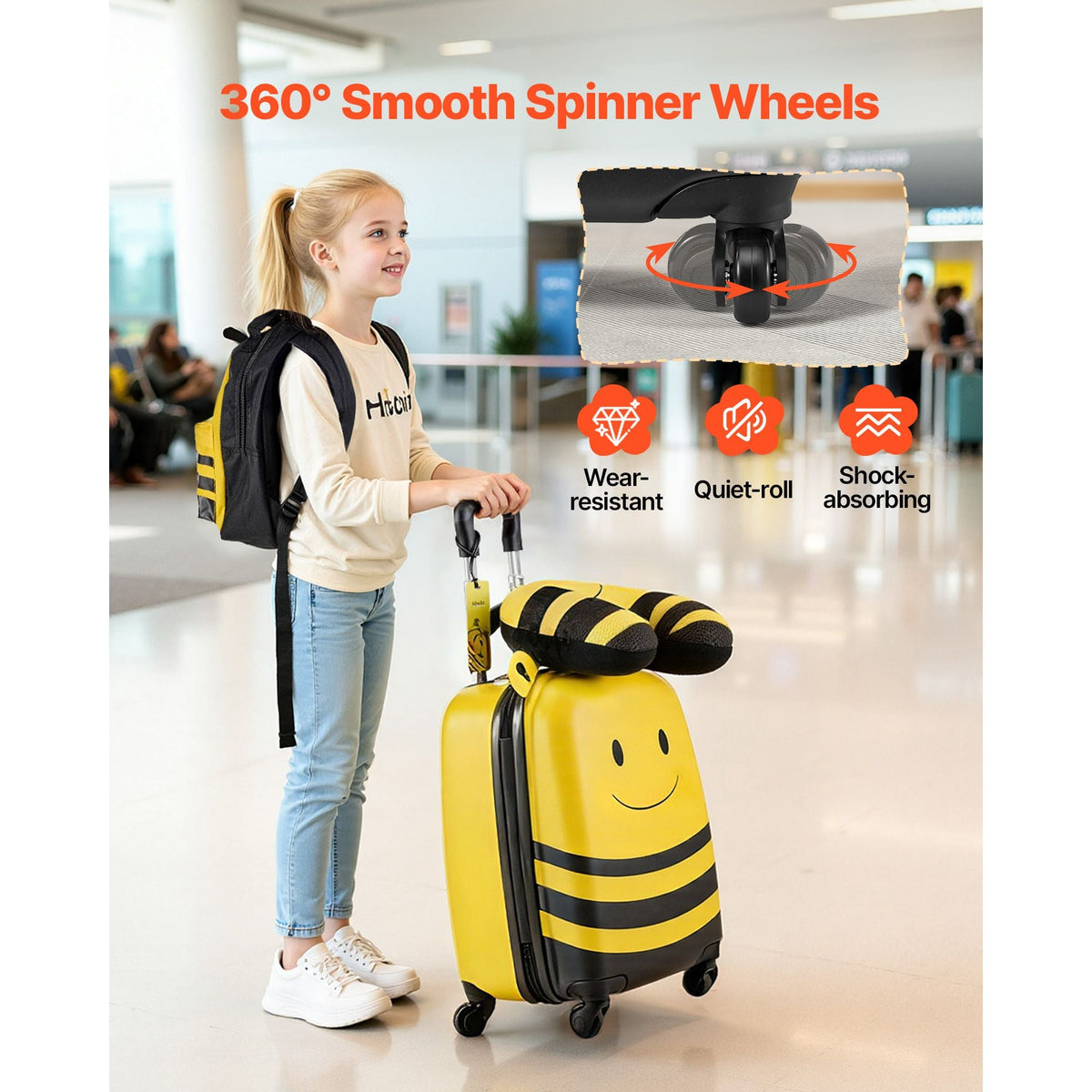 Kids Luggage Set, 5 Piece, 18 Inch Hardside Rolling Wheels Suitcase with Backpack & U-shape Pillow, Bee Kids Carry on Luggage Set, Holiday Birthday Gift for Girls Boys, Airline Approved