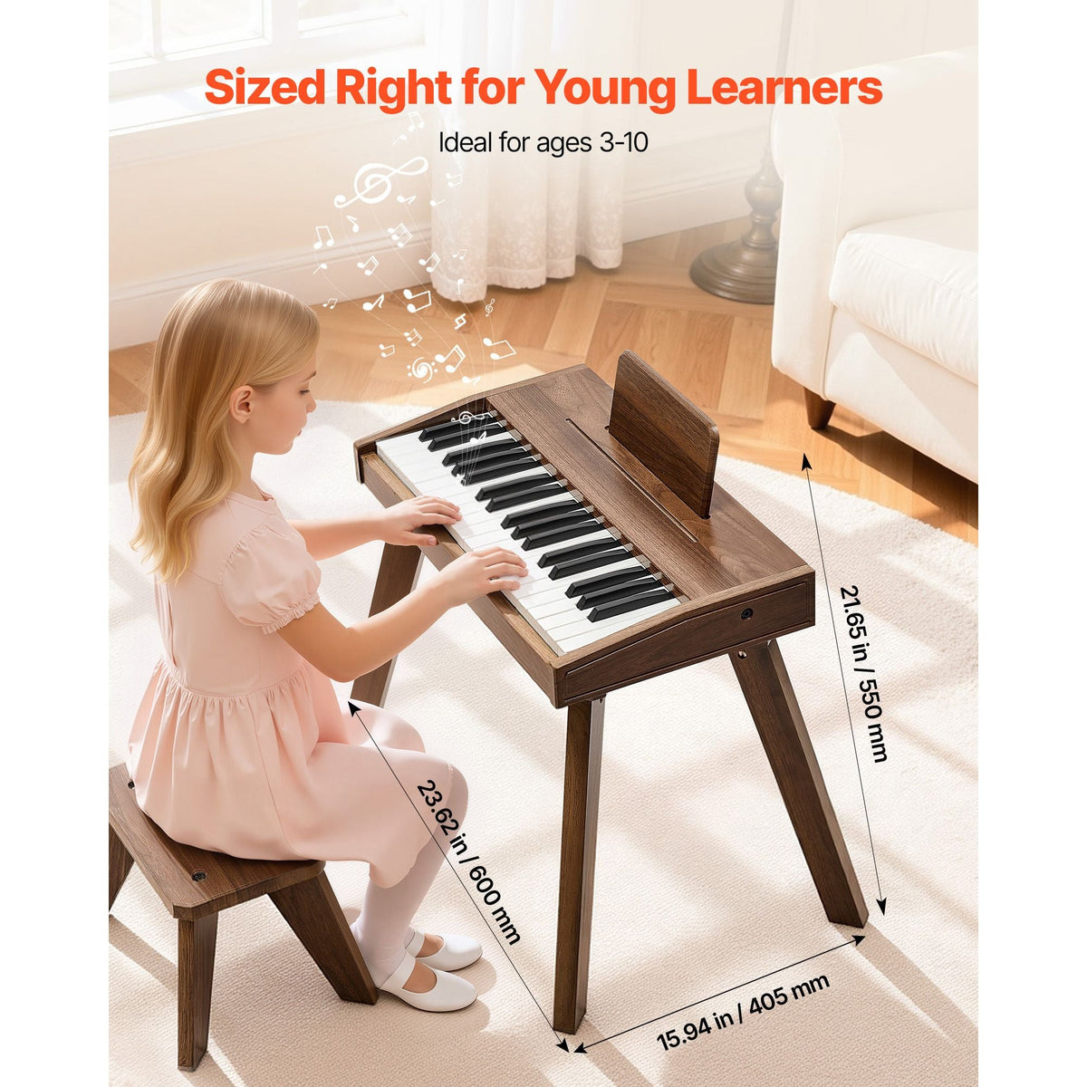 Kids Piano Keyboard, 37 Key Wooden Digital Piano for Kids, Mini Music Educational Instrument Toy Set with Realistic Sound, Dual Power, Adjustable Volume for Toddlers, Boys Girls Learning,Walnut