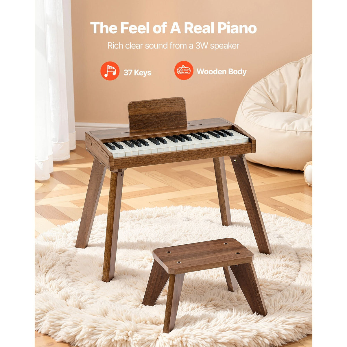 Kids Piano Keyboard, 37 Key Wooden Digital Piano for Kids, Mini Music Educational Instrument Toy Set with Realistic Sound, Dual Power, Adjustable Volume for Toddlers, Boys Girls Learning,Walnut
