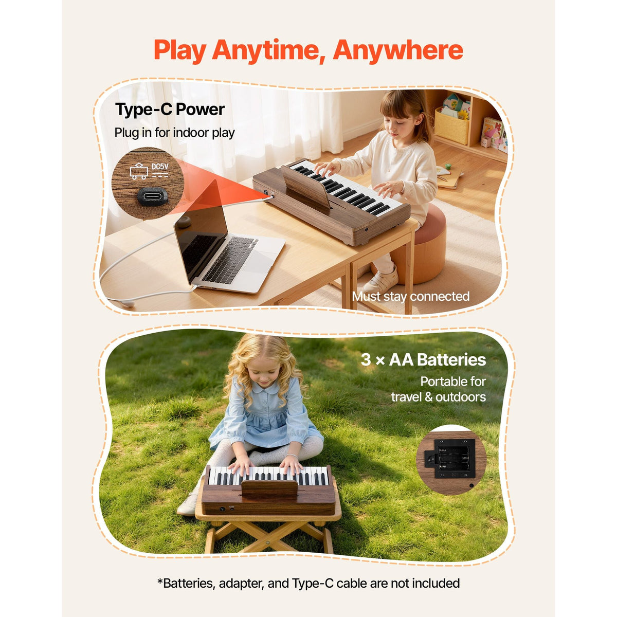 Kids Piano Keyboard, 37 Keys Wooden Digital Piano for Kids, Mini Music Educational Instrument Toy with Realistic Sound, Dual Power, Adjustable Volume for Toddlers, Boys Girls Learning,Walnut