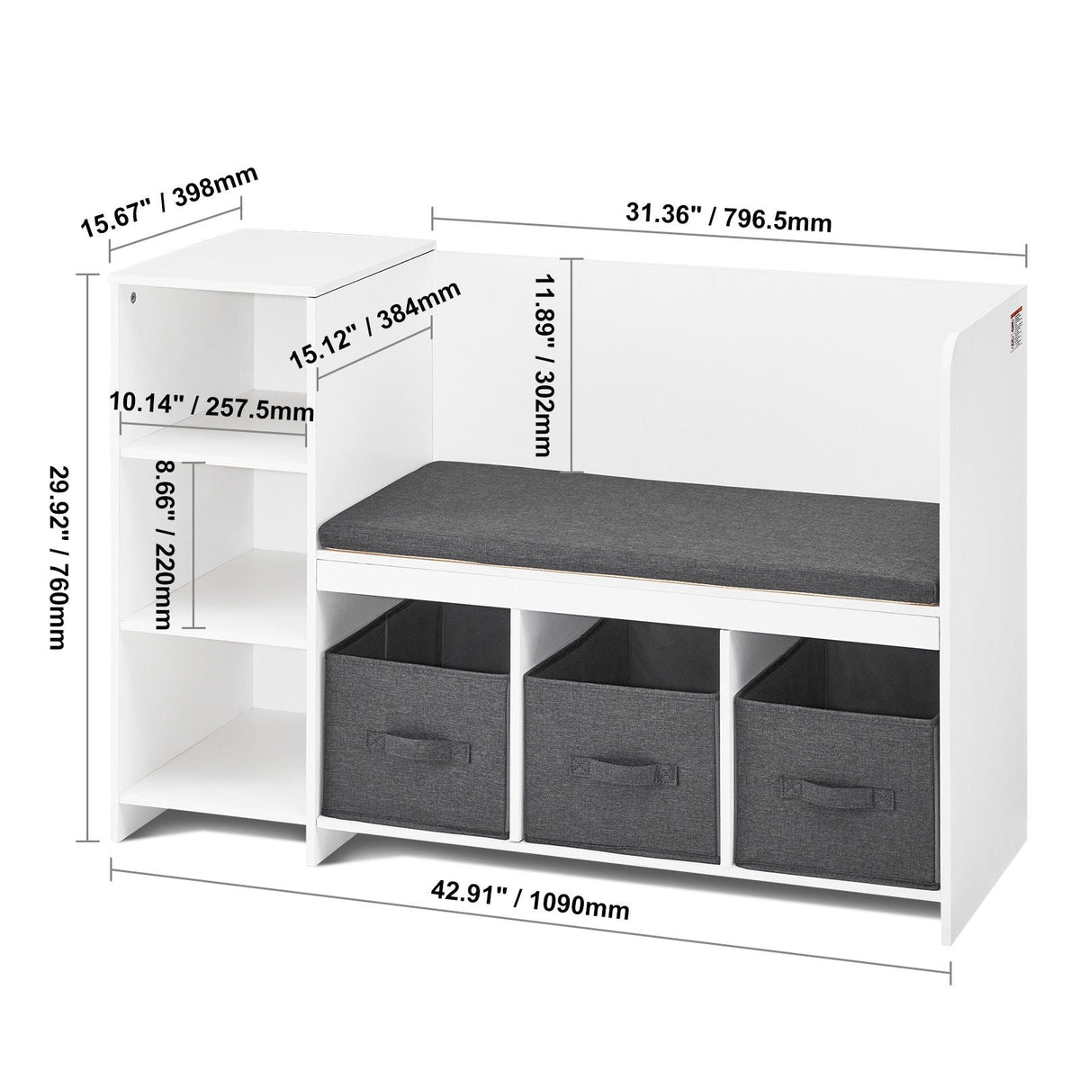 Kids Reading Nook Bench, Toddler Bookshelf and Bookcase with Detachable Seat Cushion, 6-Cubby Storage Organizer Bench with 3 Drawers, Ideal for Playroom, Bedroom, Living Room or Entryway, White