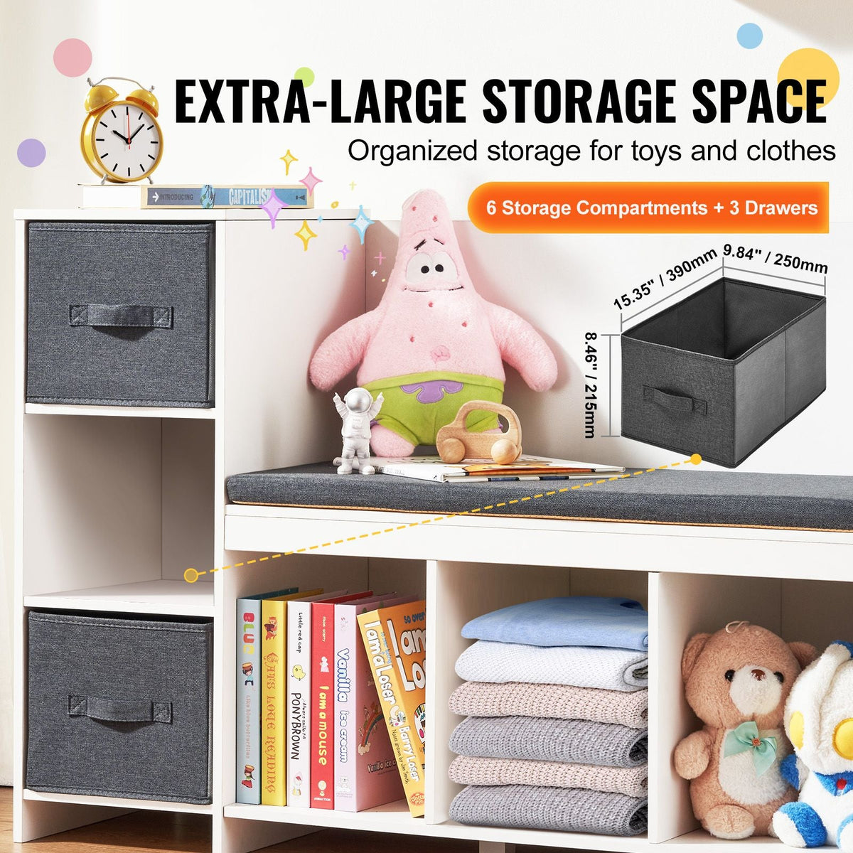 Kids Reading Nook Bench, Toddler Bookshelf and Bookcase with Detachable Seat Cushion, 6-Cubby Storage Organizer Bench with 3 Drawers, Ideal for Playroom, Bedroom, Living Room or Entryway, White