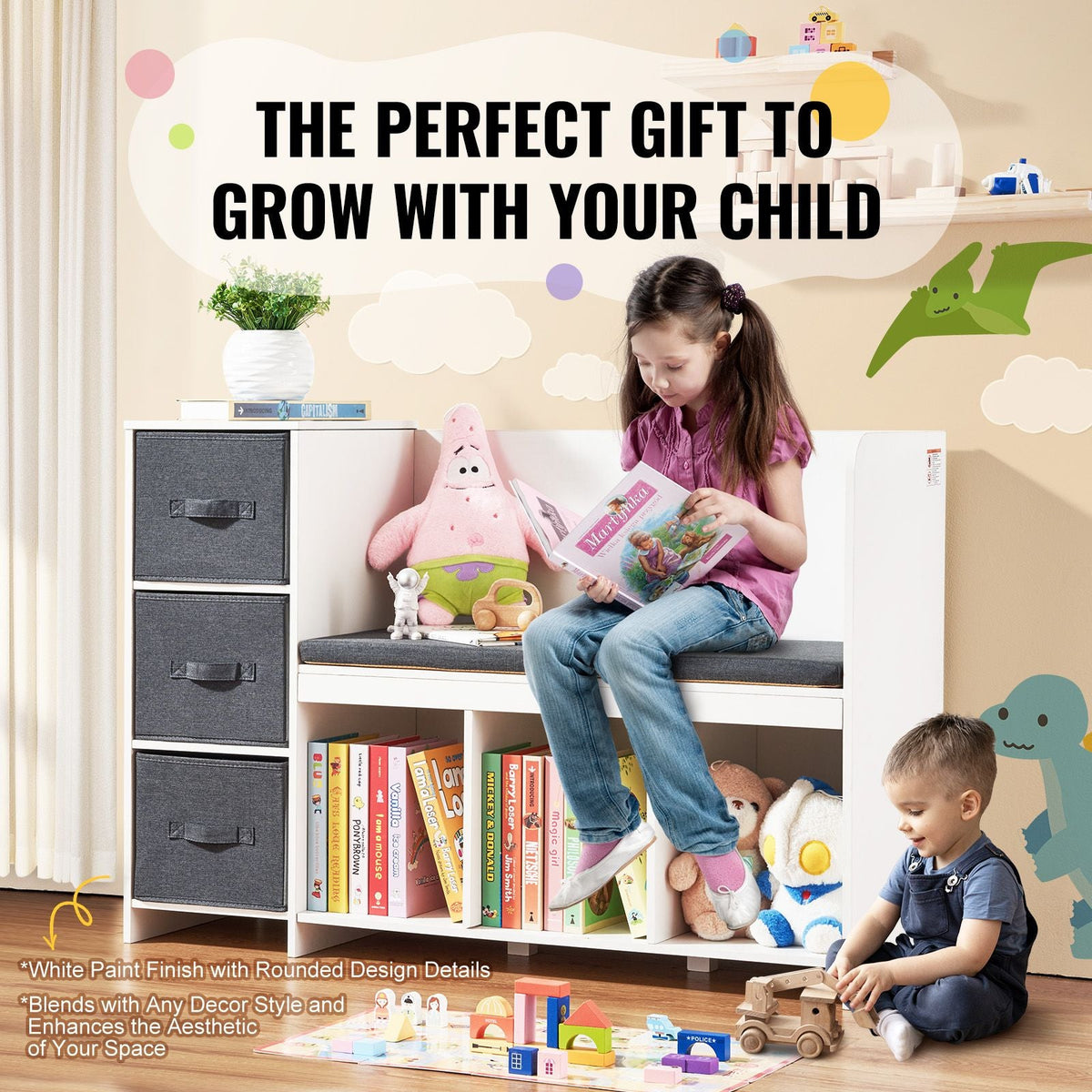 Kids Reading Nook Bench, Toddler Bookshelf and Bookcase with Detachable Seat Cushion, 6-Cubby Storage Organizer Bench with 3 Drawers, Ideal for Playroom, Bedroom, Living Room or Entryway, White