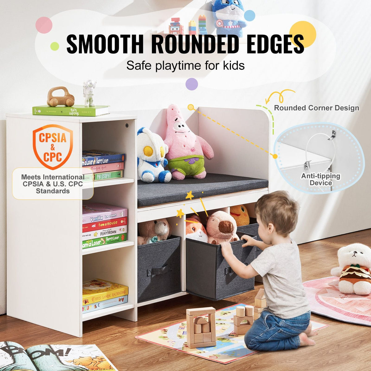 Kids Reading Nook Bench, Toddler Bookshelf and Bookcase with Detachable Seat Cushion, 6-Cubby Storage Organizer Bench with 3 Drawers, Ideal for Playroom, Bedroom, Living Room or Entryway, White