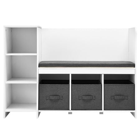 Kids Reading Nook Bench, Toddler Bookshelf and Bookcase with Detachable Seat Cushion, 6-Cubby Storage Organizer Bench with 3 Drawers, Ideal for Playroom, Bedroom, Living Room or Entryway, White