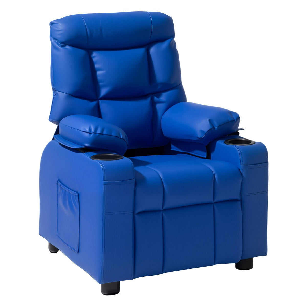 Kids Reclining Chair, Toddler Recliner with 2 Cup Holders and 4 Pockets, 107° to 126° Adjustable Back, Easy-to-Clean PU Leather Recliner Couch with Footrest, for Boys, Girls & Children (Blue)