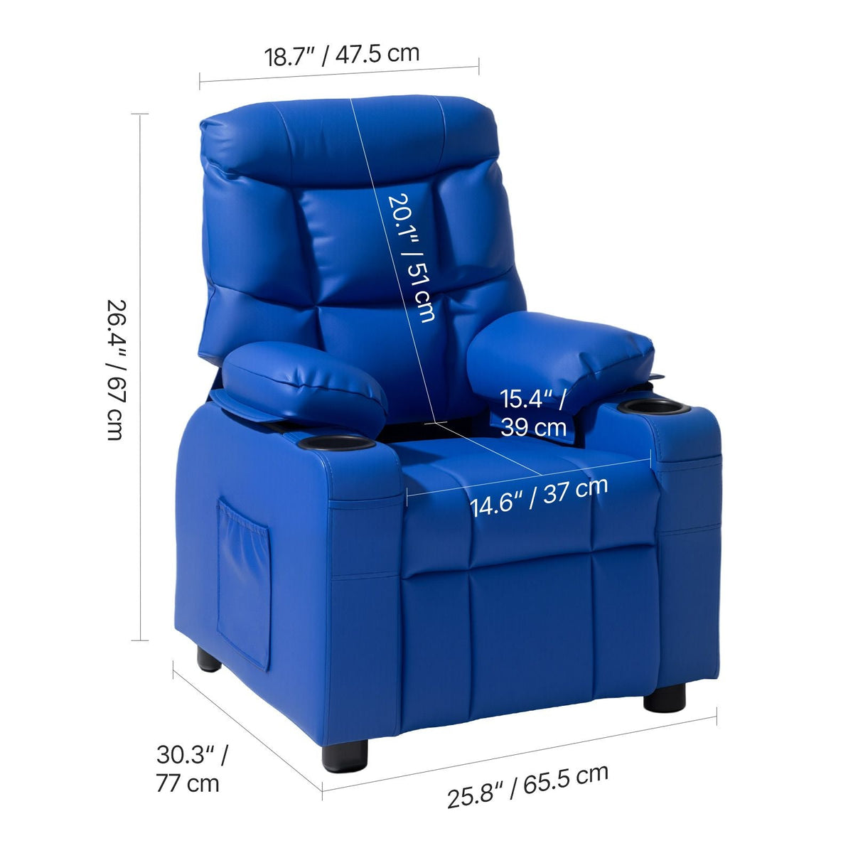 Kids Reclining Chair, Toddler Recliner with 2 Cup Holders and 4 Pockets, 107° to 126° Adjustable Back, Easy-to-Clean PU Leather Recliner Couch with Footrest, for Boys, Girls & Children (Blue)